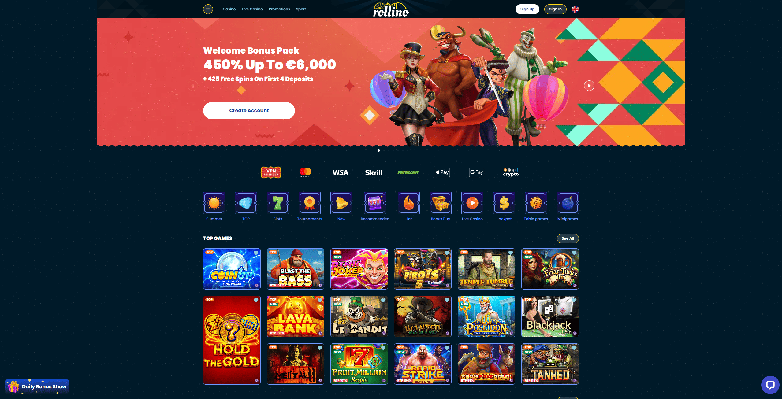 Screenshot of the Rollino Casino website